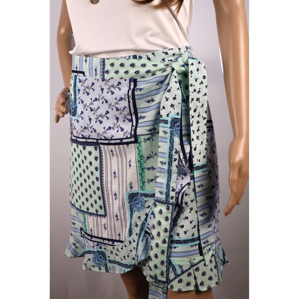 Loft Petite 2P Wrap Skirt Floral Patchwork Mint & Navy Cotton Blend - Picture 2 of 9